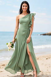 Ein Schulter Chiffon Dusty Sage A Linie Brautjungfernkleid
